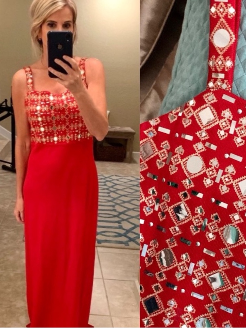 St.John Red Knit Maxi Dress with Gold Mirror Accents - Picture 8 of 8